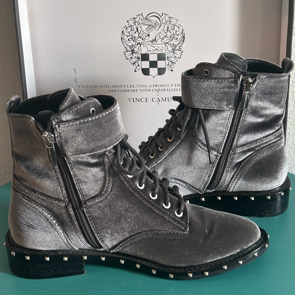 Vince Camuto Women’s VC Talorini Smooth Velvet Granite Peak Studded Combat Boots